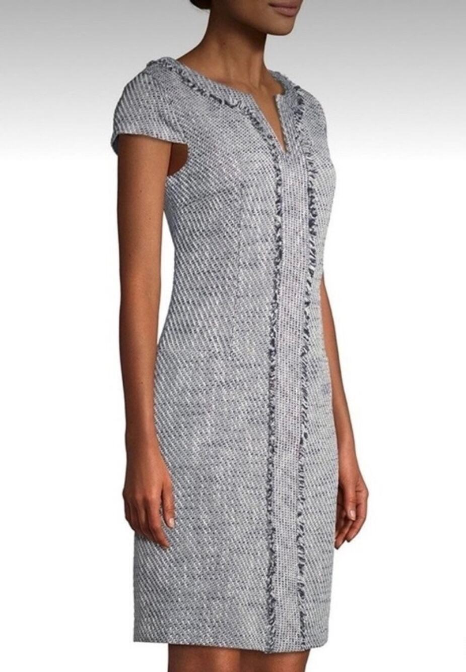 KARL LAGERFELD Paris Cap Sleeve Tweed Navy White Shift Dress Women's US 12